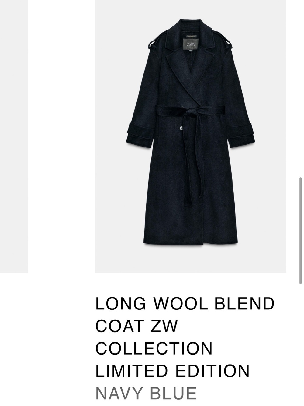 Zara Navy Wool tie coat